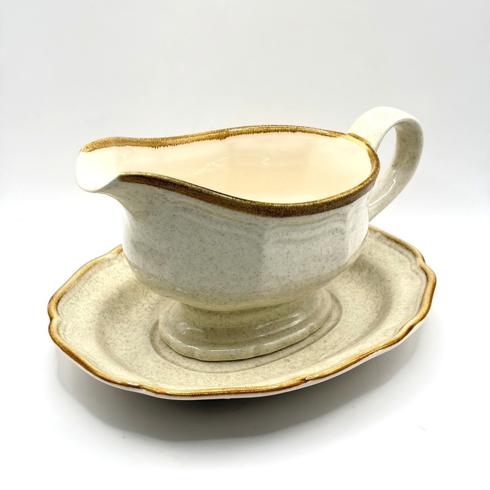 Mikasa EC400 Gravy Boat w/Saucer Garden Club Japan Speckled Brown VTG 1970's‎